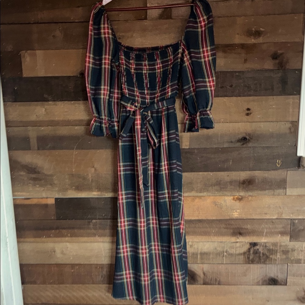 Plaid Off-Shoulder Maxi Dress with Waist Tie - Navy/Red